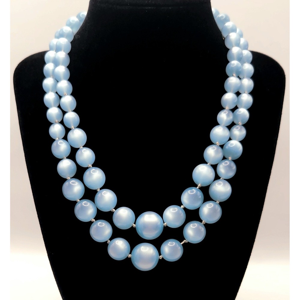 Richelieu Vintage Double Strand Moonglow Bead Necklace Light Blue 16 Inch